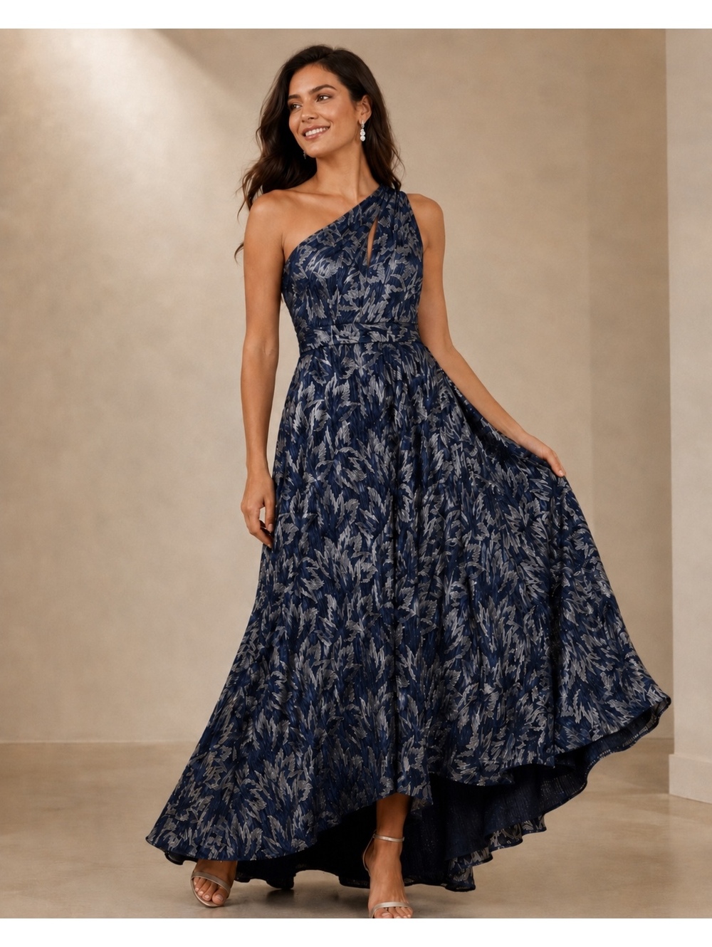 Betsy & Adam Galaxy Metallic One Shoulder Gown Navy Gunmetal Size 10 NWT